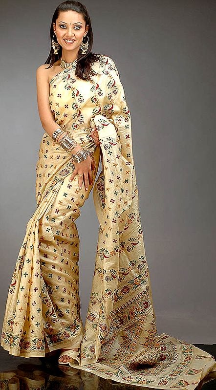 Hand-Embroidered Kantha Stitch Sari