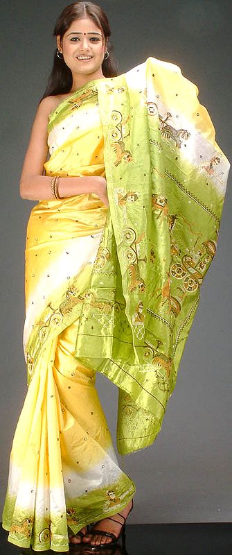 Hand-Embroidered Yellow and Green Designer Sari