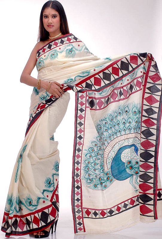 Hand-Painted Peacock Sari