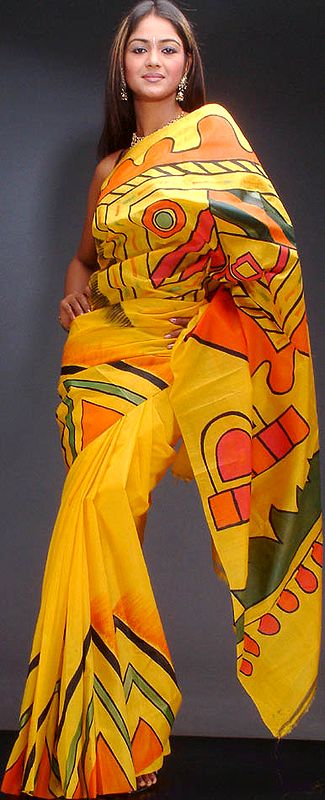 Hand-Painted Pure Silk Sari from Bengal