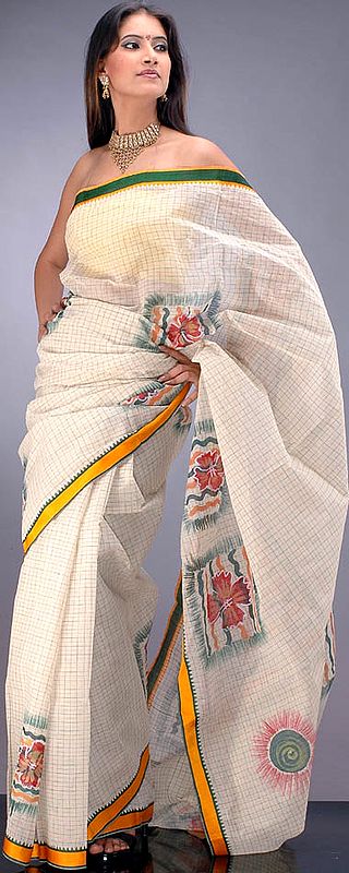 Hand-Painted Sari from Bengal with Checks