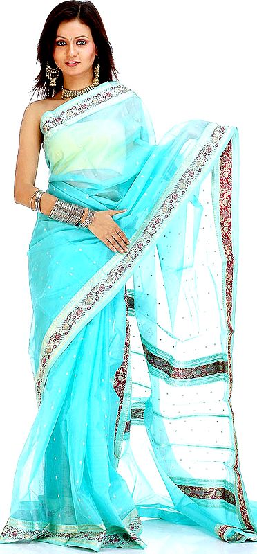 Handwoven Aquamarine Chanderi Sari with All-Over Golden Bootis