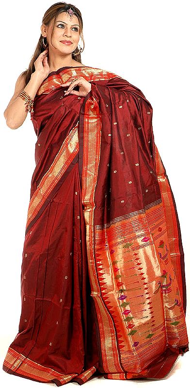 Handwoven Auburn Paithani Sari with Zari Pallu