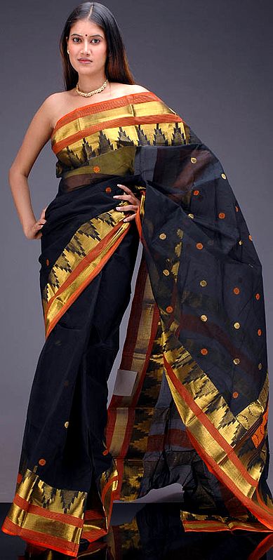 Handwoven Black and Golden Cotton Sari from Bengal