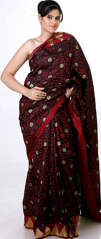 Hand-woven Black and Red Jamdani Sari from Banaras with All-Over Floral Weave and Brocaded Anchal