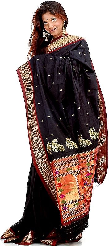 Handwoven Black Paithani Sari with Real Zardozi