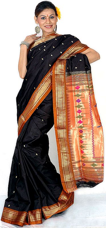 Handwoven Black Paithani Sari with Zari Pallu