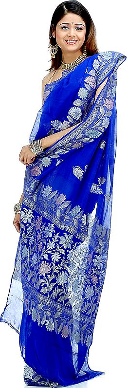Handwoven Blue Banarasi Sari with Floral Weave