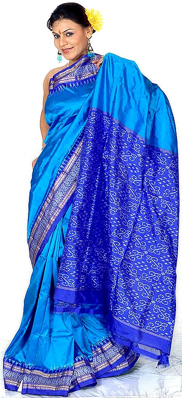 Handwoven Blue Sari from Pochampally with Ikat Weave All-Over and Tissue Border