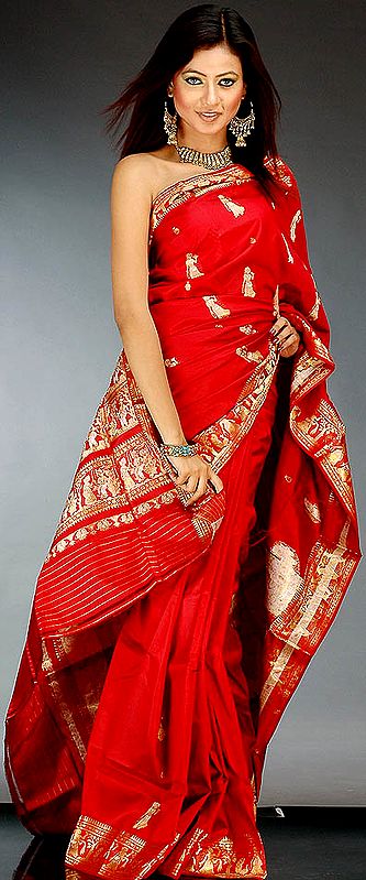 Hand-Woven Bridal Red Baluchari Sari from Bengal