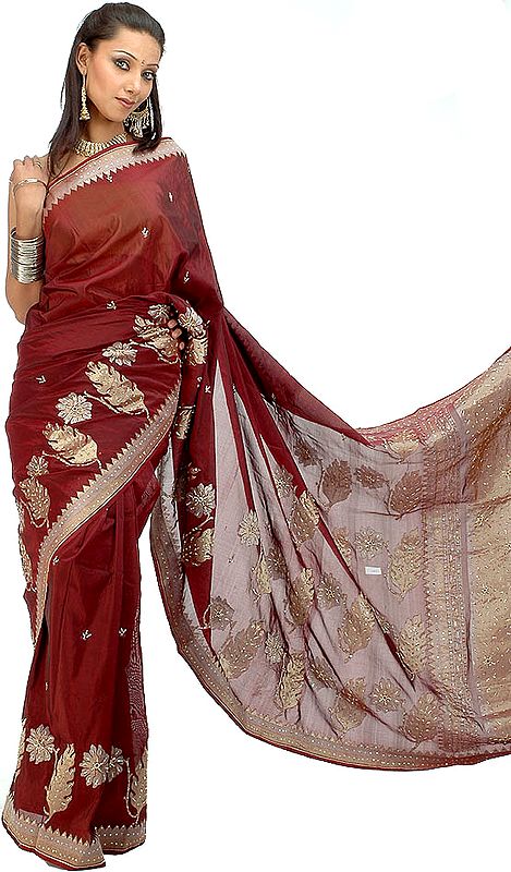 Handwoven Brown Valkalam Sari with Golden Thread Weave and Sequins