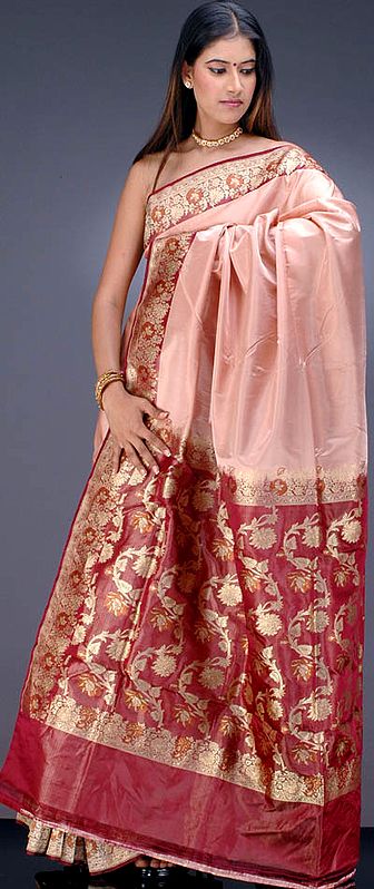 Handwoven Champagne Valkalam Sari with Floral Weave