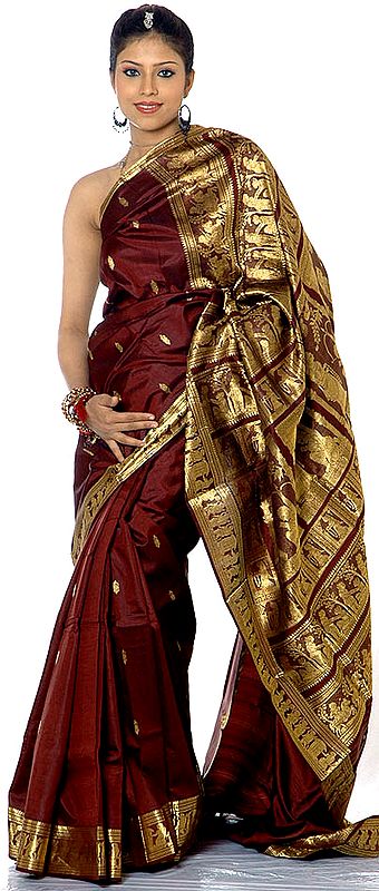 Hand-Woven Chocolate-Brown Baluchari Sari Depicting Draupadi's Swayamvar