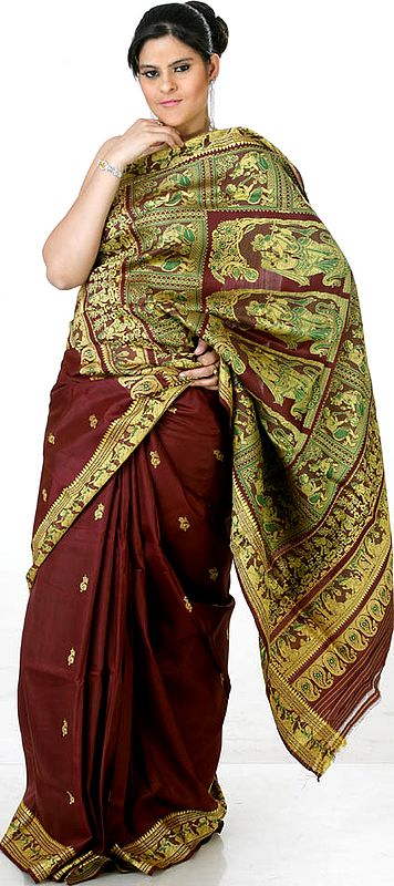 Hand-Woven Chocolate-Brown Baluchari Sari with Radha and Krishna