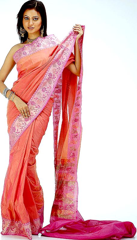 Hand-woven Coral and Orchid Valkalam Sari from Banaras with Floral Weave on Border