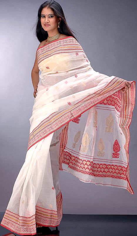 Handwoven Cotton Sari from Bengal with Red Border and Bootis