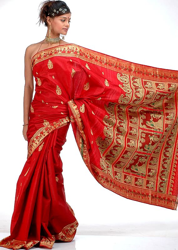 Hand-Woven Crimson Yashoda-Krishna Baluchari Sari