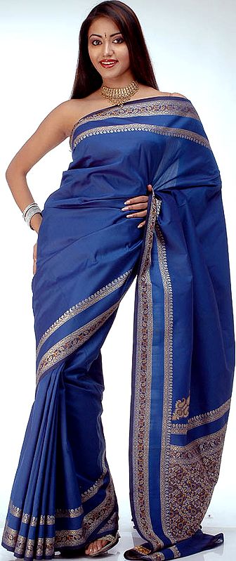 Handwoven Denim-Blue Green Sari from Banaras