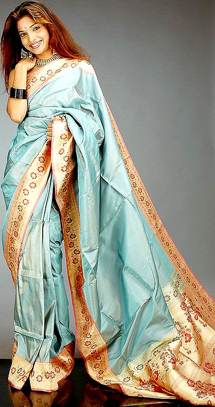 Handwoven Double Shaded Valkalam Sari with Floral Brocade