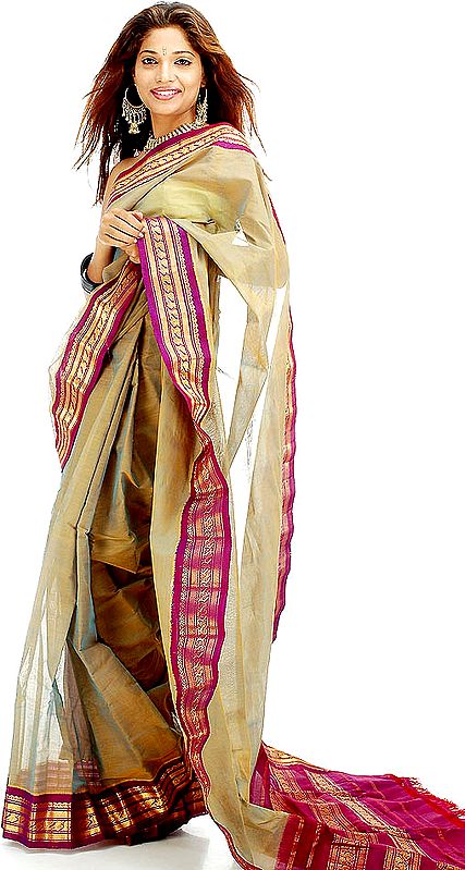 Handwoven Gadwal Cotton Sari with Real Silver Zari on Border