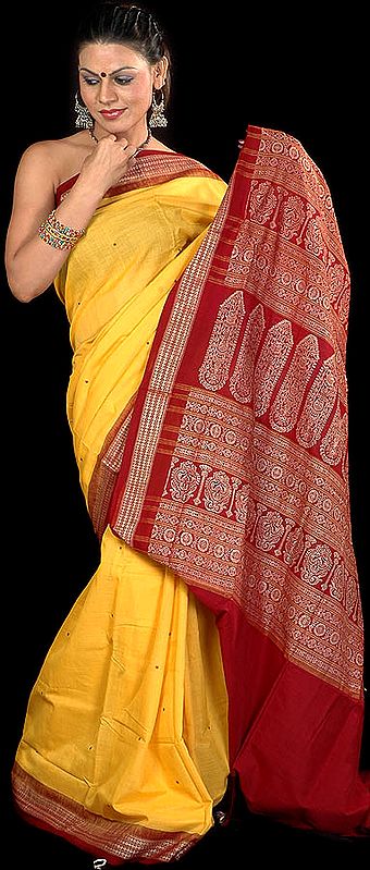 Handwoven Golden Bomkai Sari with Bootis and Rudraksha Border