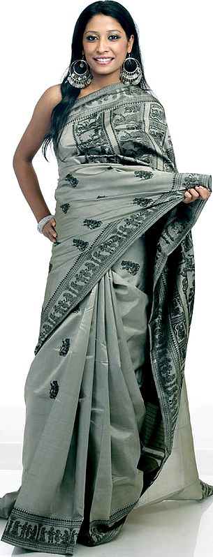 Hand-Woven Gray Baluchari Sari from Kolkata