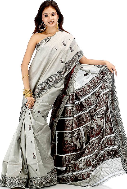 Hand-Woven Gray Baluchari Sari with Radha and Krishna
