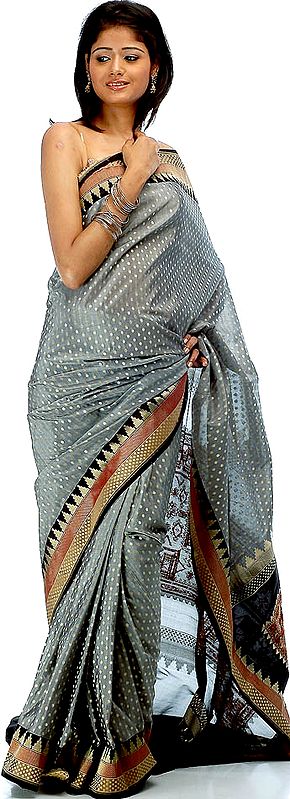Handwoven Gray Banarasi Sari with Temple Border and All-Over Golden Bootis