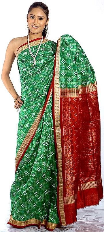 Hand-woven Green Sambhalpuri Sari with All-Over Ikat Weave and Rudraksha Border