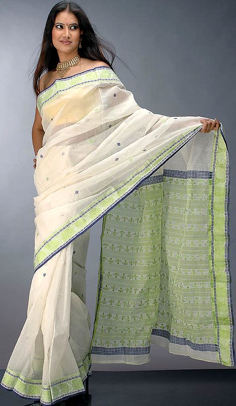 Handwoven Ivory and Green Sari from Bengal