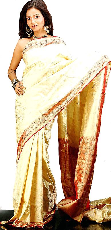 Handwoven Ivory and Maroon Satin Sari with All-Over Tanchoi Weave