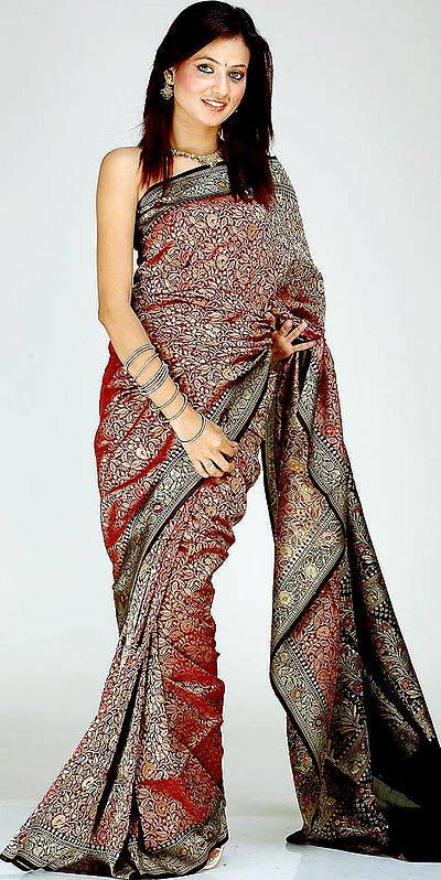 Handwoven Jamdani Tanchoi Sari with All-Over Dense Floral Weave