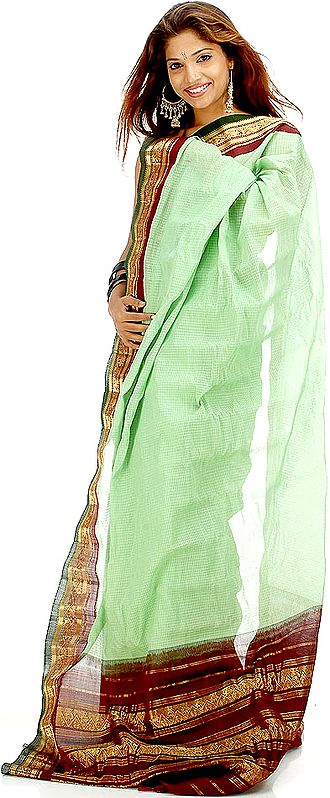 Handwoven Lime Green Gadwal Cotton Sari with Real Silver Zari on Border