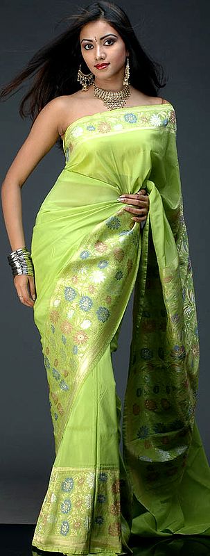 Handwoven Lime Green Valkalam Sari with Floral Brocaded Border