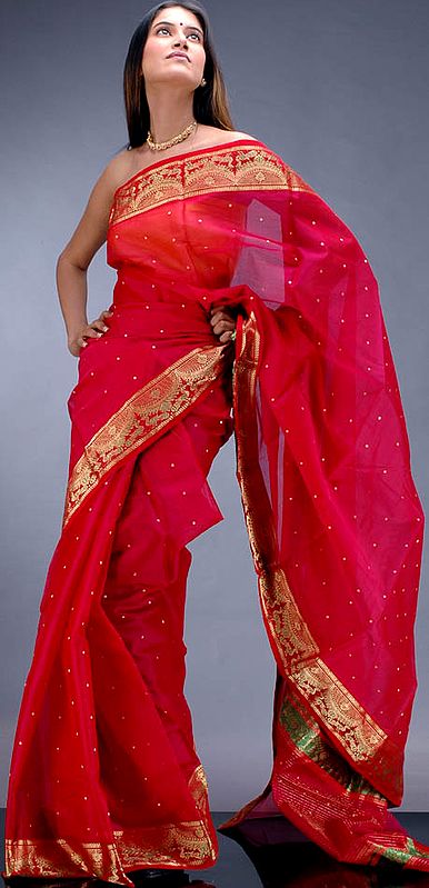 Hand-Woven Lipstick-Red Sari from Bengal
