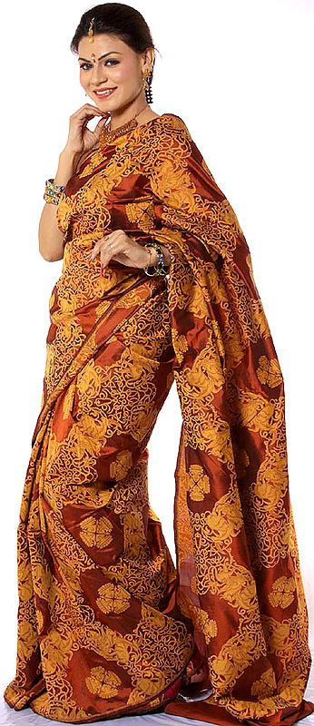 Handwoven Mahogany Colored Sari from Banaras with Surreal Weave All-Over