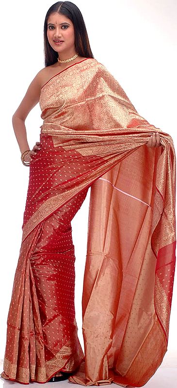 Handwoven Maroon and Golden Bridal Sari from Banaras