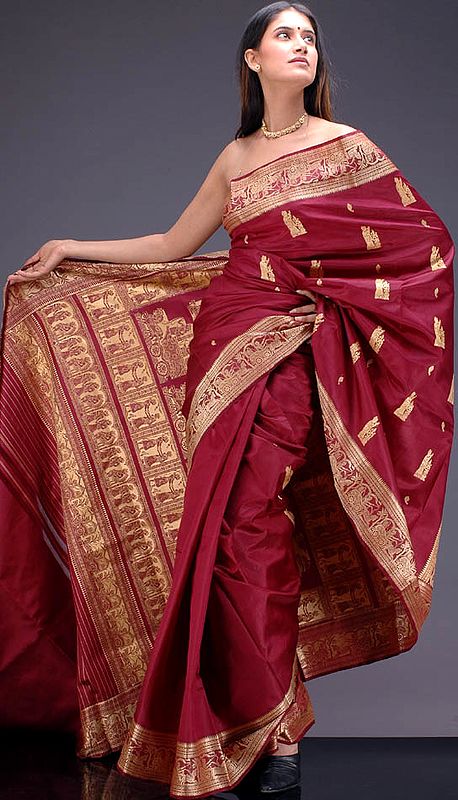 Hand-Woven Maroon Baluchari Sari
