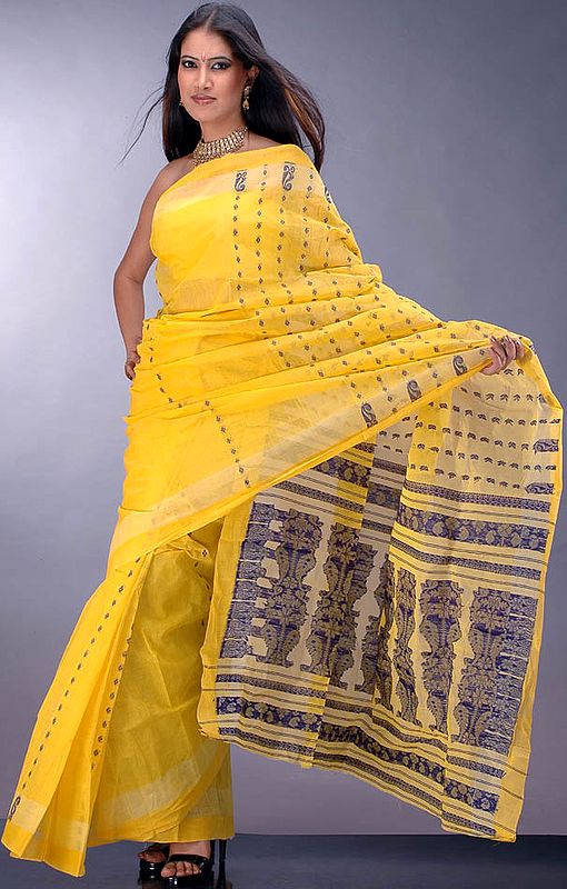 Handwoven Mustard Sari from Bengal with Blue Bootis