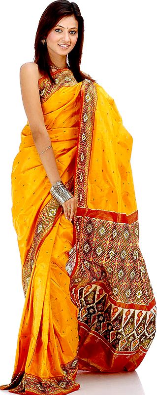 Handwoven Orange Tissue Sari with Double Ikat Border