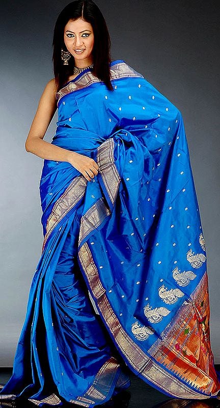 Handwoven Peacock-Blue Paithani Sari with Real Zardozi