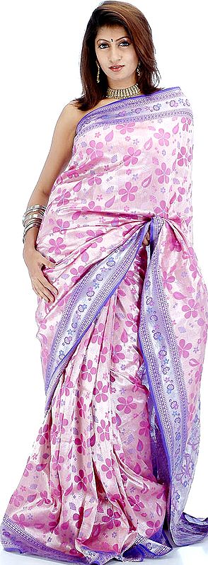 Handwoven Pink Jamdani Sari with All-Over Floral Weave