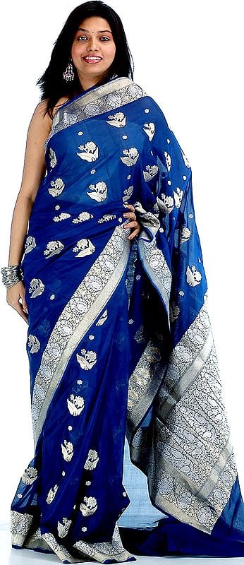 Hand-woven Prussian Blue Jamdani Sari with All-Over Golden and Silver Woven Large Bootis