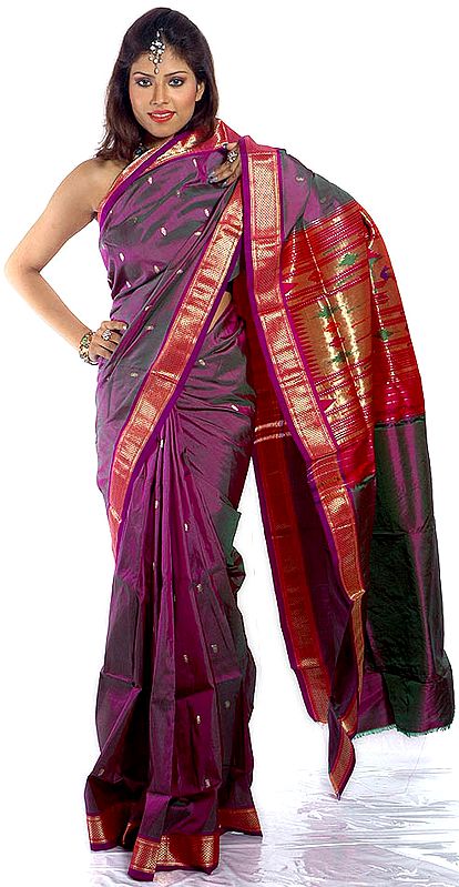 Handwoven Purple Paithani Sari with Zari Pallu