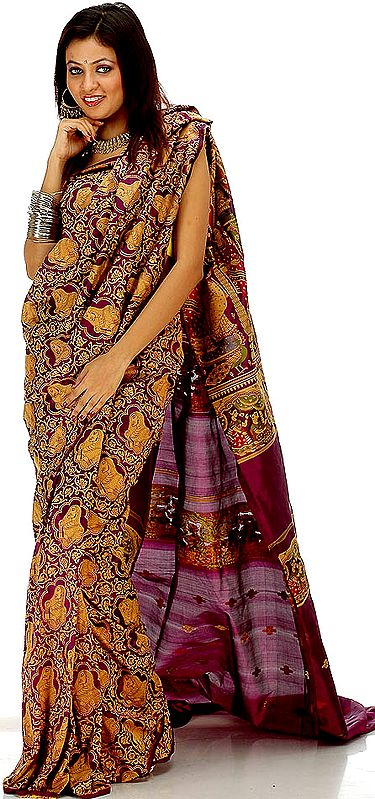 Handwoven Purple Radha Krishna Sari from Banaras