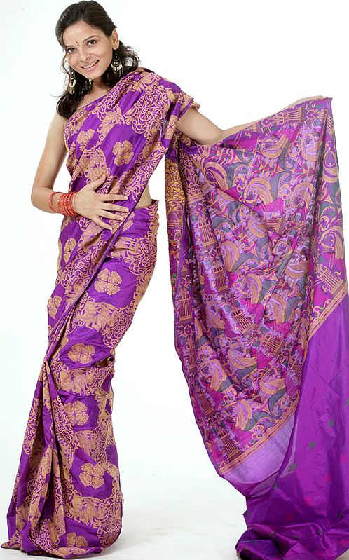Handwoven Purple Sari from Banaras with Surreal Weave on Pallu