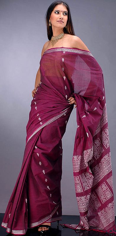 Handwoven Raspberry Sari with Jacquard Weave