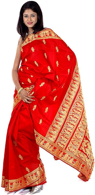 Hand-Woven Red Baluchari Sari with Krishna and Yashoda