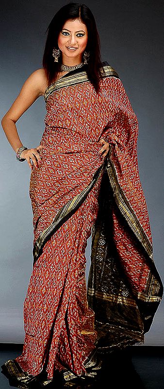 Handwoven Red Tissue Sari with Double Ikat Border