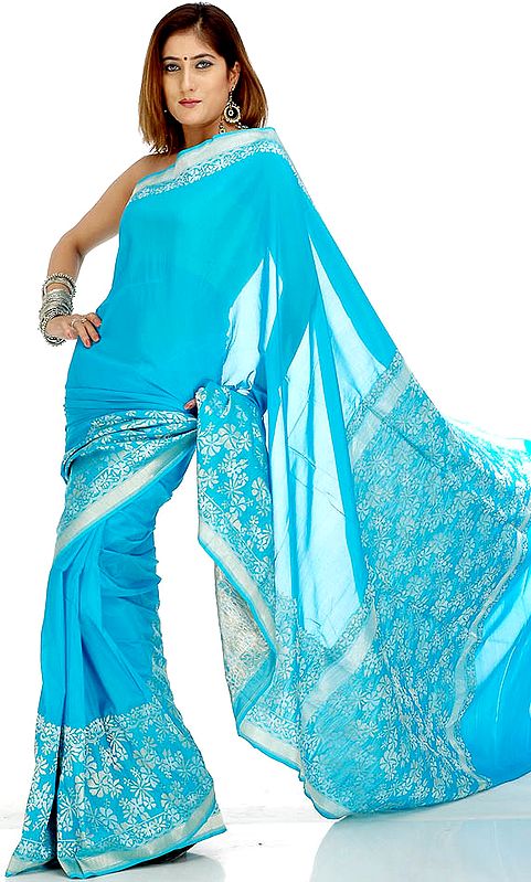 Handwoven Robin-Egg Blue Valkalam Sari with Golden and Silver Thread Weave